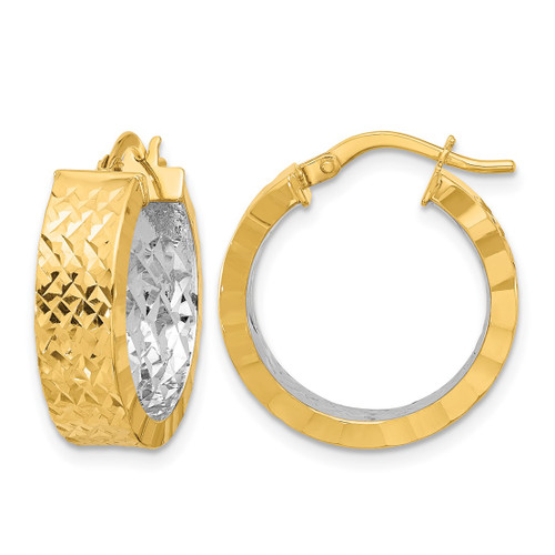 14K Yellow Gold Hollow with Rhodium Polished and Diamond-Cut Hoop In/Out Hoop Earrings, 21.9 mm