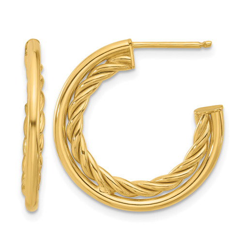 14K Yellow Gold Hollow Polished and Textured J-Hoop Post Earrings, 22.5 mm
