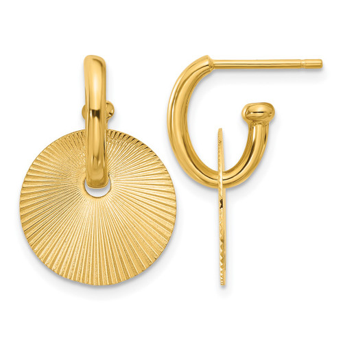 14K Yellow Gold Polished and Textured Circle Dangle Earrings, 22 mm