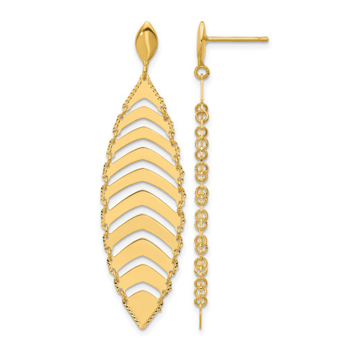 14K Yellow Gold Polished Diamond-Cut Post Dangle Leaf Drop Earrings, 54.25 mm