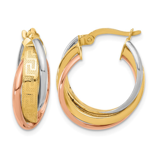 14K Tri-Color Gold Polished with Textured Greek Key Hoop Earrings, 22 mm