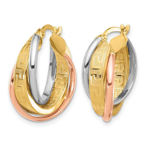 14K Tri-Color Gold Polished with Textured Greek Key Hoop Earrings, 22 mm - View 2
