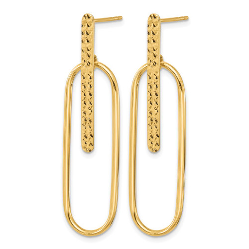 14K Yellow Gold Hollow Polished and Diamond-Cut Oval Dangle Earrings, 45.75 mm - View 2