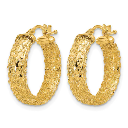 14K Yellow Gold Hollow Polished/Textured/Diamond-Cut Hoop Earrings, 19.5 mm - View 2