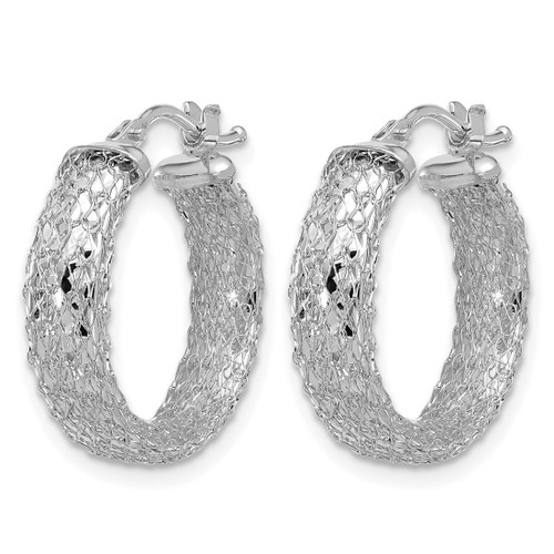 14K Yellow Gold Hollow with White Rhodium-Plated Polish/Texture/Diamond-Cut Hoop Earrings, 19.5 mm - View 2