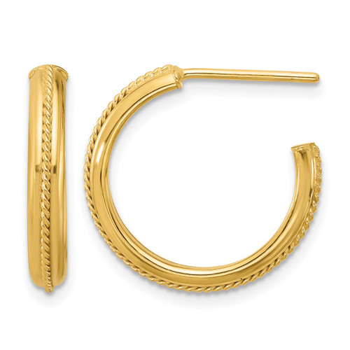 14K Yellow Gold Polished and Textured Round J-Hoop Earrings, 21 mm