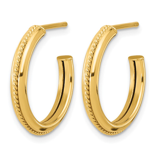 14K Yellow Gold Polished and Textured Round J-Hoop Earrings, 21 mm - View 2