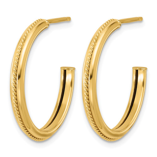 14K Yellow Gold Polished and Textured Round J-Hoop Earrings, 24 mm - View 2