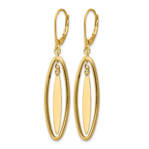 14K Yellow Gold Polished and Textured Dangle Leverback Drop Earrings, 51 mm - View 2
