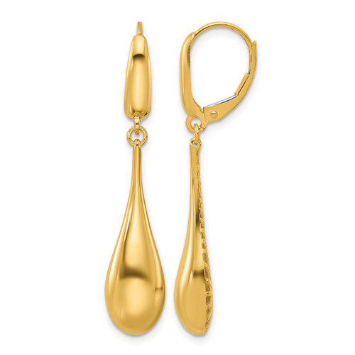 14K Yellow Gold Polished Teardrop Dangle Leverback Earrings, 44 mm