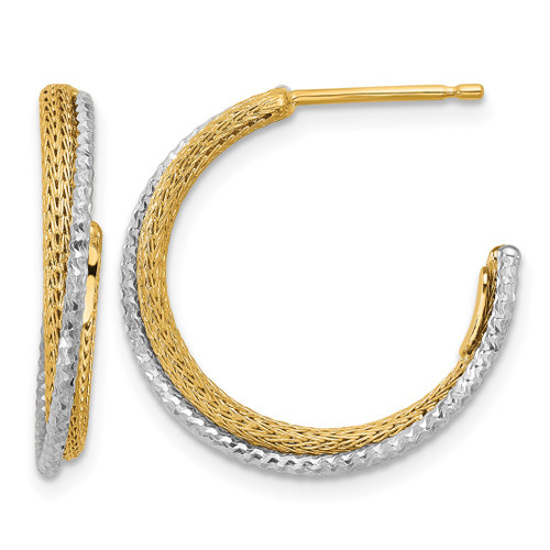 14K Yellow Gold with Rhodium Polished/Textured/Diamond-Cut J-Hoop Earrings, 22 mm