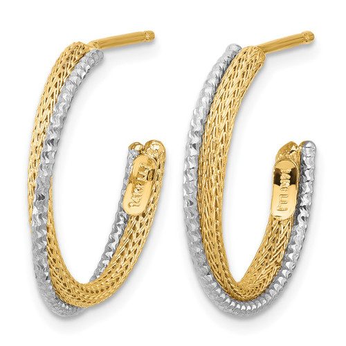 14K Yellow Gold with Rhodium Polished/Textured/Diamond-Cut J-Hoop Earrings, 22 mm - View 2