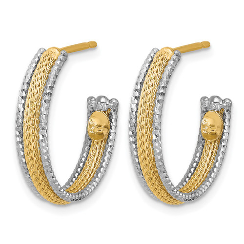14K Yellow Gold with Rhodium Polished/Textured/Diamond-Cut J-Hoop Earrings, 20.25 mm - View 2