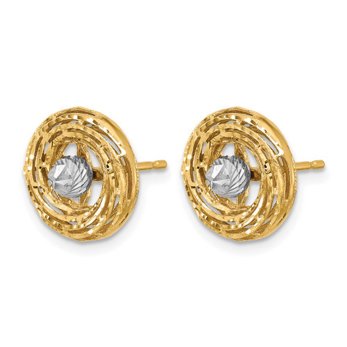 Rhodium-Plated 14K Two-Tone Gold Polished/Textured/Diamond-Cut Stud Earrings, 12.4 mm - View 2