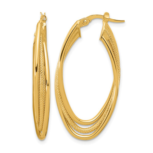 14K Yellow Gold Polished and Textured Triple Oval Twist Hoop Earrings, 36.65 mm
