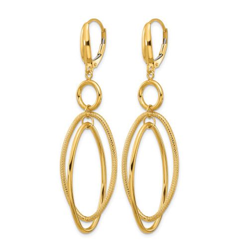 14K Yellow Gold Polished and Textured Oval Dangle Leverback Drop Earrings, 63 mm - View 2