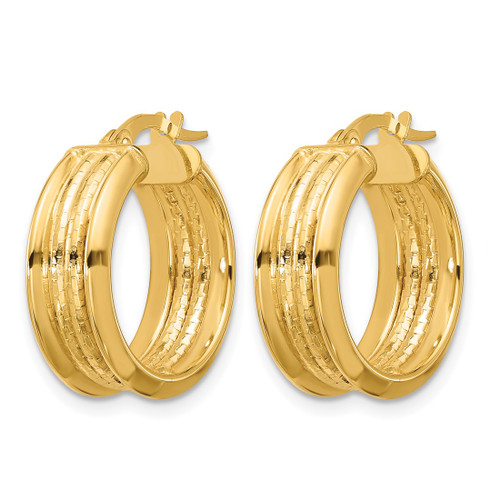 14K Yellow Gold Polished and Textured Hoop Earrings, 20 mm - View 2