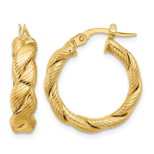 14K Yellow Gold Polished and Textured Twist Hoop Earrings, 21 mm