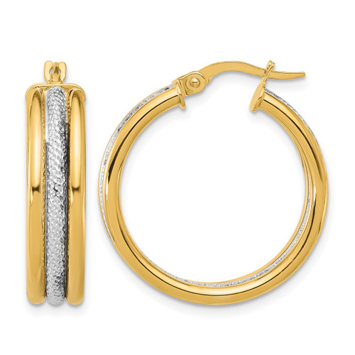 14K Yellow Gold with White Rhodium Polished and Textured Triple Hoop Earrings, 27 mm