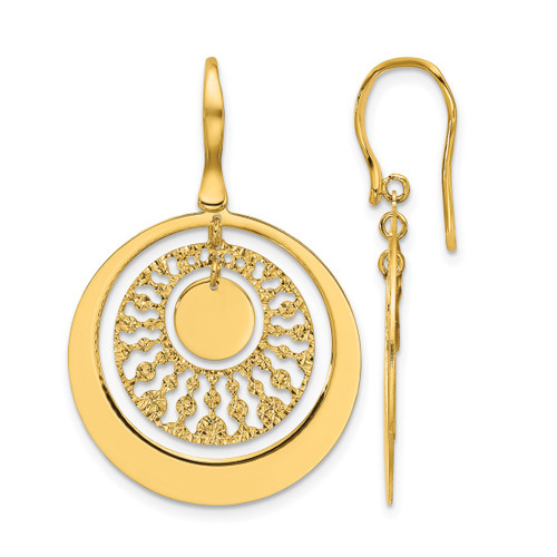 14K Yellow Gold Polished and Diamond-Cut Circles Dangle French Wire Earrings, 36 mm