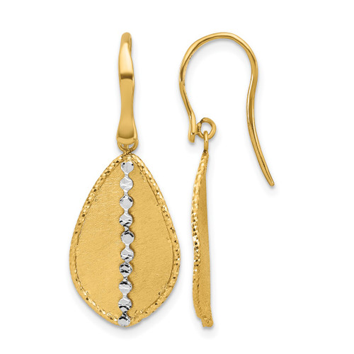 Rhodium-Plated 14K Two-Tone Gold Polished and Satin Teardrop Dangle French Wire Earrings, 33.8 mm