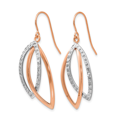 14K Two-Tone Gold White/Rose Polish/Textured Wire Dangle French Wire Earrings, 37 mm - View 2