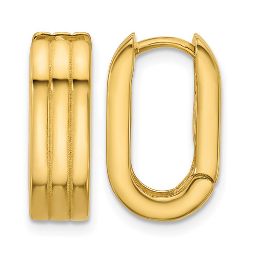14K Yellow Gold Polished / Grooved Hinged Huggie Hoop Earrings, 17.25 mm