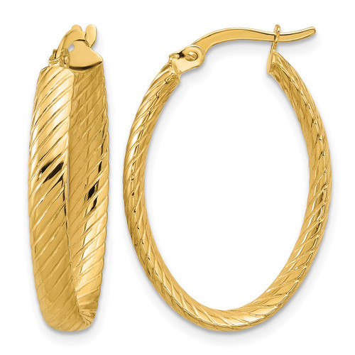 14K Yellow Gold Polished and Grooved Oval Hoop Earrings, 27.3 mm