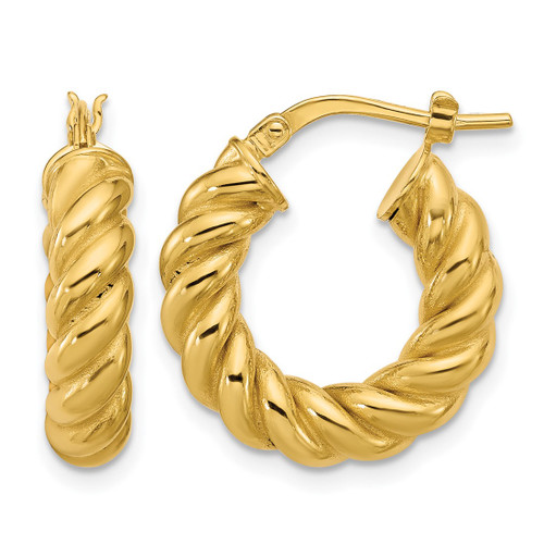 14K Yellow Gold Polished and Twisted Round Hoop Earrings, 18.25 mm