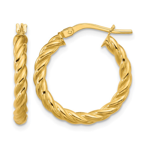 14K Yellow Gold Polished and Twisted Round Hoop Earrings, 20 mm, 3 mm Wide