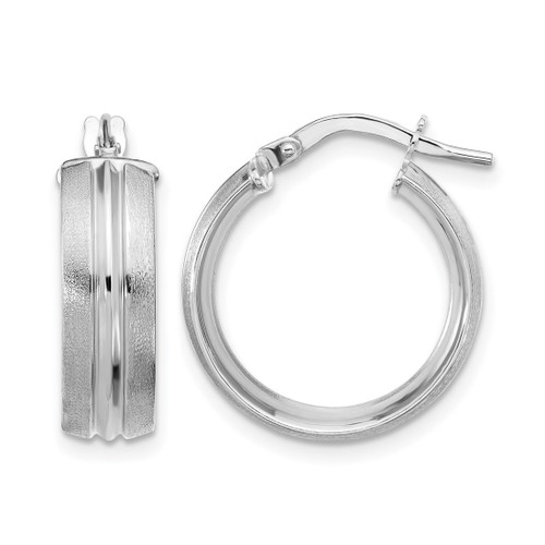 Rhodium-Plated 14K White Gold Polished and Satin Round Hoop Earrings, 15 mm