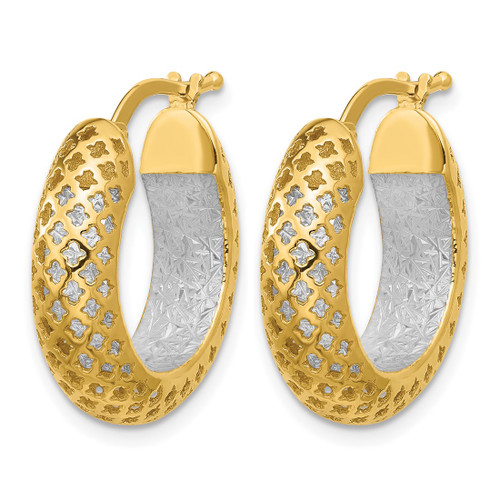 Rhodium-Plated 14K Two-Tone Gold Hollow Polished and Diamond-Cut Hoop Earrings, 19.5 mm - View 2