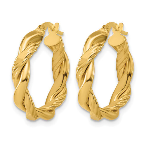 14K Yellow Gold Polished and Twisted Round Hoop Earrings, 20 mm, 4 mm Wide - View 2