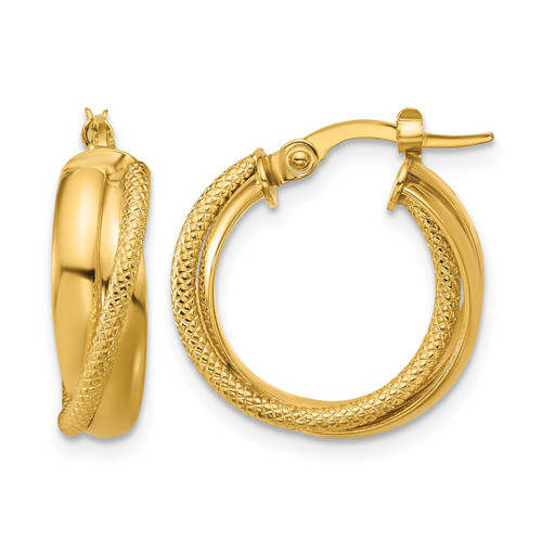 14K Yellow Gold Polished and Textured Round Hoop Earrings, 18 mm
