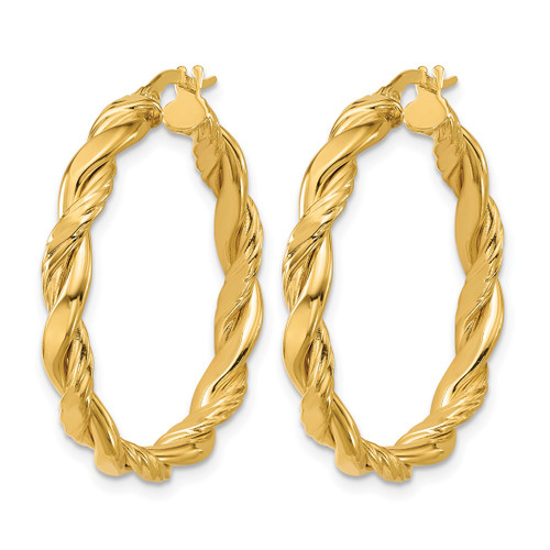 14K Yellow Gold Polished and Twisted Round Hoop Earrings, 31 mm - View 2