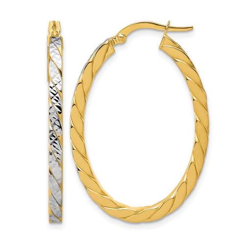 14K Yellow Gold with Rhodium Polished and Diamond-Cut Oval Hoop Earrings, 29 mm