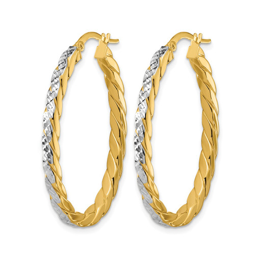 14K Yellow Gold with Rhodium Polished and Diamond-Cut Oval Hoop Earrings, 29 mm - View 2