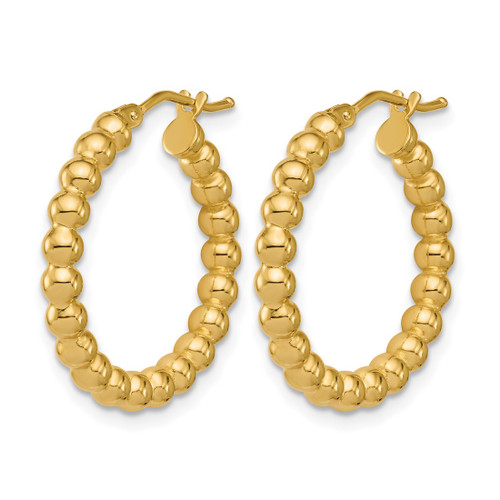 14K Yellow Gold Hollow Polished Beaded Round Hoop Earrings, 22 mm - View 2