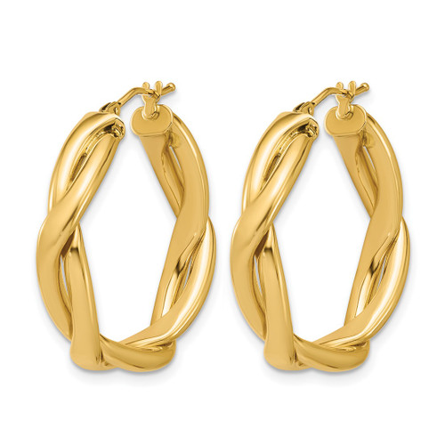 14K Yellow Gold Hollow Polished Fancy Twist Round Hoop Earrings, 27 mm - View 2