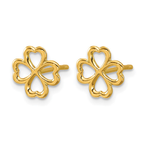 14K Yellow Gold Hollow Polished 4-Leaf Clover Stud Earrings, 9.75 mm - View 2