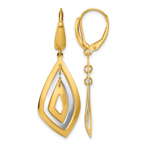 Rhodium-Plated 14K Two-Tone Gold Polished Dangle Leverback Drop Earrings, 43.25 mm