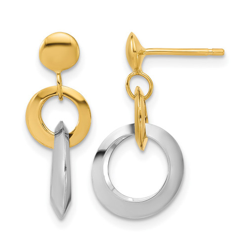 Rhodium-Plated 14K Two-Tone Gold Polished Circle Link Dangle Earrings, 21.15 mm