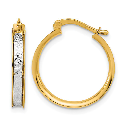 Rhodium-Plated 14K Two-Tone Gold Polished / Diamond-Cut Round Hoop Earrings, 19.4 mm