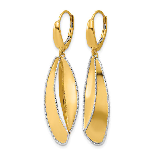 Rhodium-Plated 14K Two-Tone Gold Hollow Polished / Diamond-Cut Dangle Leverback Drop Earrings, 47.5 mm - View 2