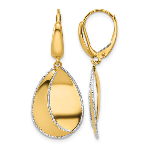 Rhodium-Plated 14K Two-Tone Gold Hollow Polished / Diamond-Cut Dangle Leverback Drop Earrings, 35 mm