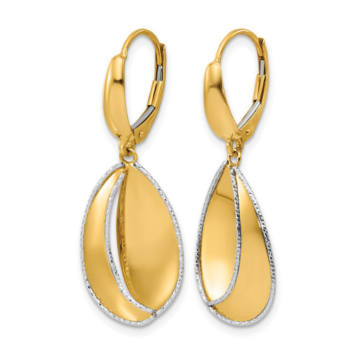 Rhodium-Plated 14K Two-Tone Gold Hollow Polished / Diamond-Cut Dangle Leverback Drop Earrings, 35 mm - View 2