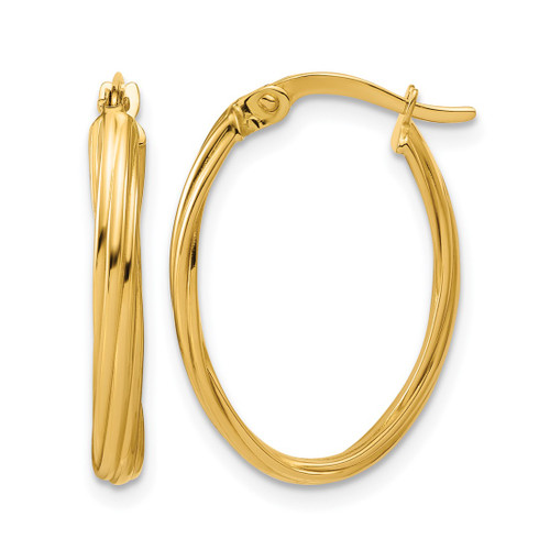 14K Yellow Gold Hollow Polished and Grooved Twist Oval Hoop Earrings, 23.5 mm