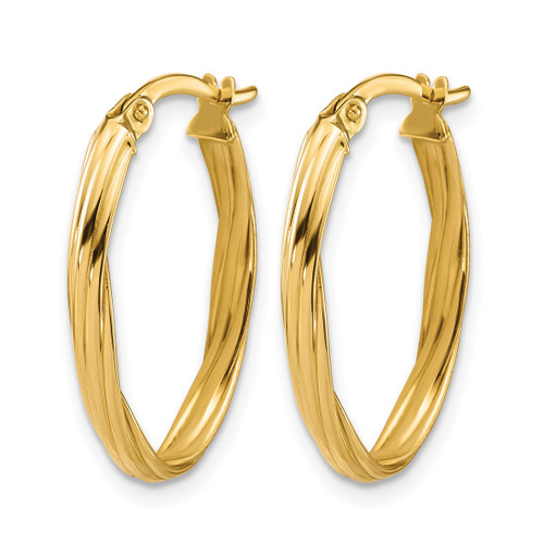 14K Yellow Gold Hollow Polished and Grooved Twist Oval Hoop Earrings, 23.5 mm - View 2