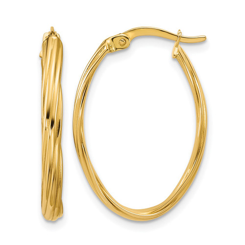 14K Yellow Gold Hollow Polished and Grooved Twist Oval Hoop Earrings, 27 mm