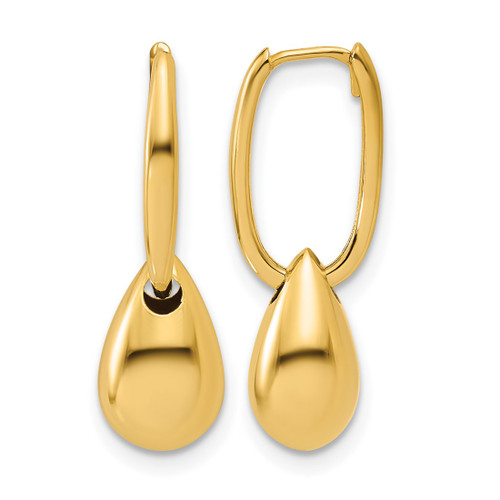 14K Yellow Gold Polished Oval with Bead Hinged Hoop Drop Earrings, 23 mm